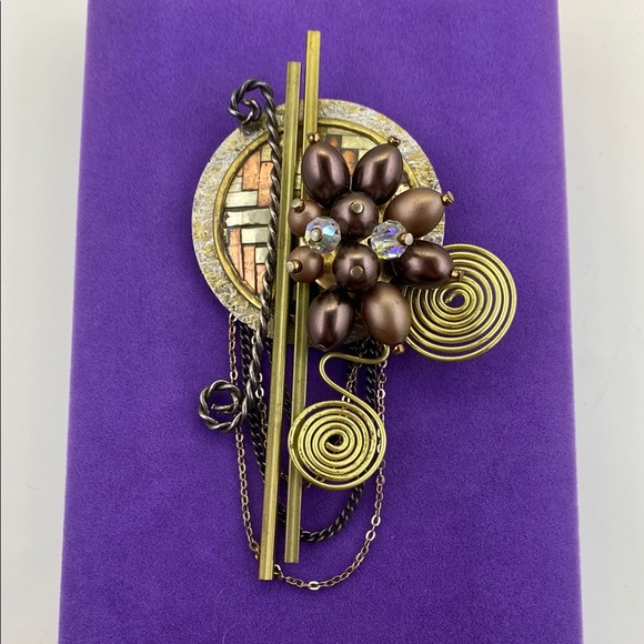 💛 Vintage Handmade Gold Crystal & Brown Pearl Brooch - Picture 1 of 5